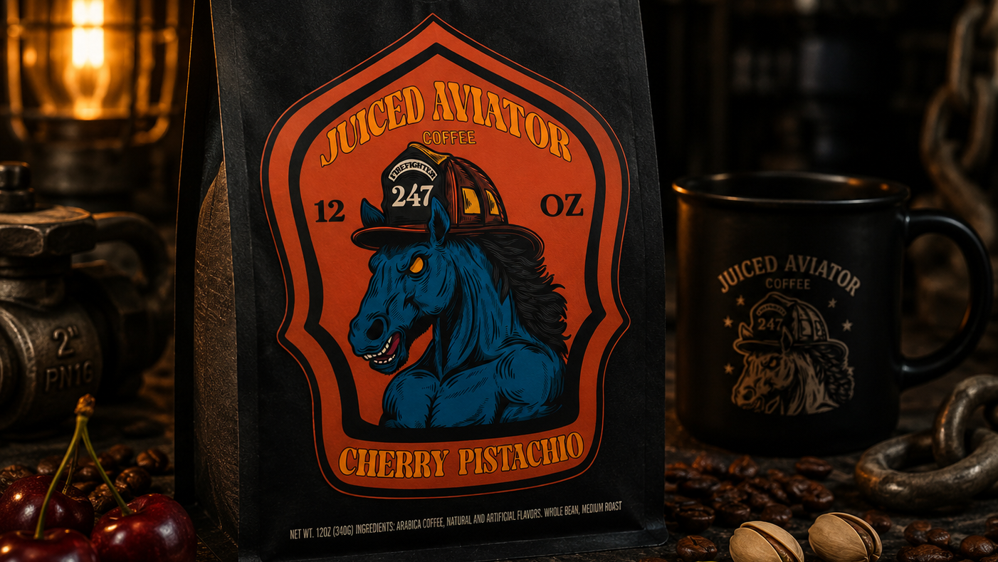 Coffee bag and mug with 'Juiced Aviator' branding on a dark background
